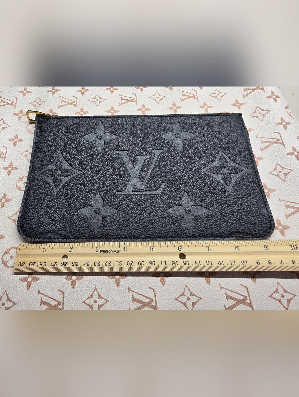 Louis Vuitton Neverfull Black Embossed Monogram Pouch with Gold Zipper - Picture 9 of 12